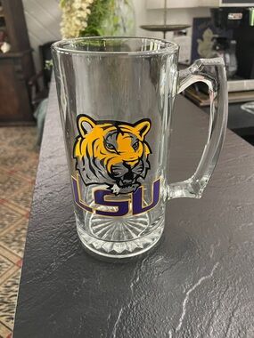 Tiger Glass Beer Mug - Clear Glass with Purple & Gold Logo 20 oz